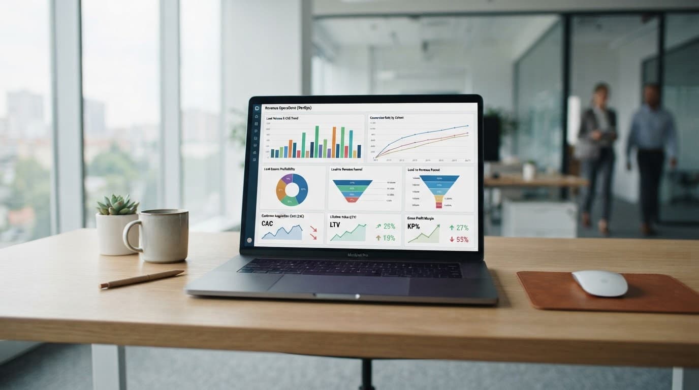 Laptop showing financial charts and lead analytics on a modern office desk.