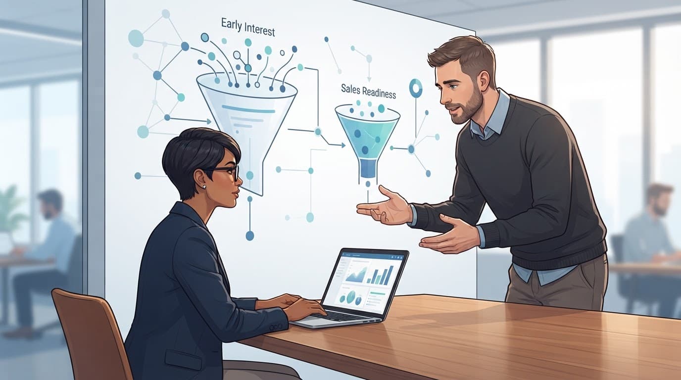A manager and colleague review funnel stages beside a laptop in a modern office.
