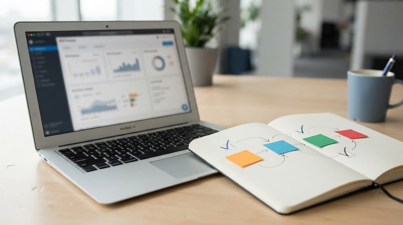 A laptop and notebook sit beside blue cards linking advertising, forms, CRM, and sales follow-up.