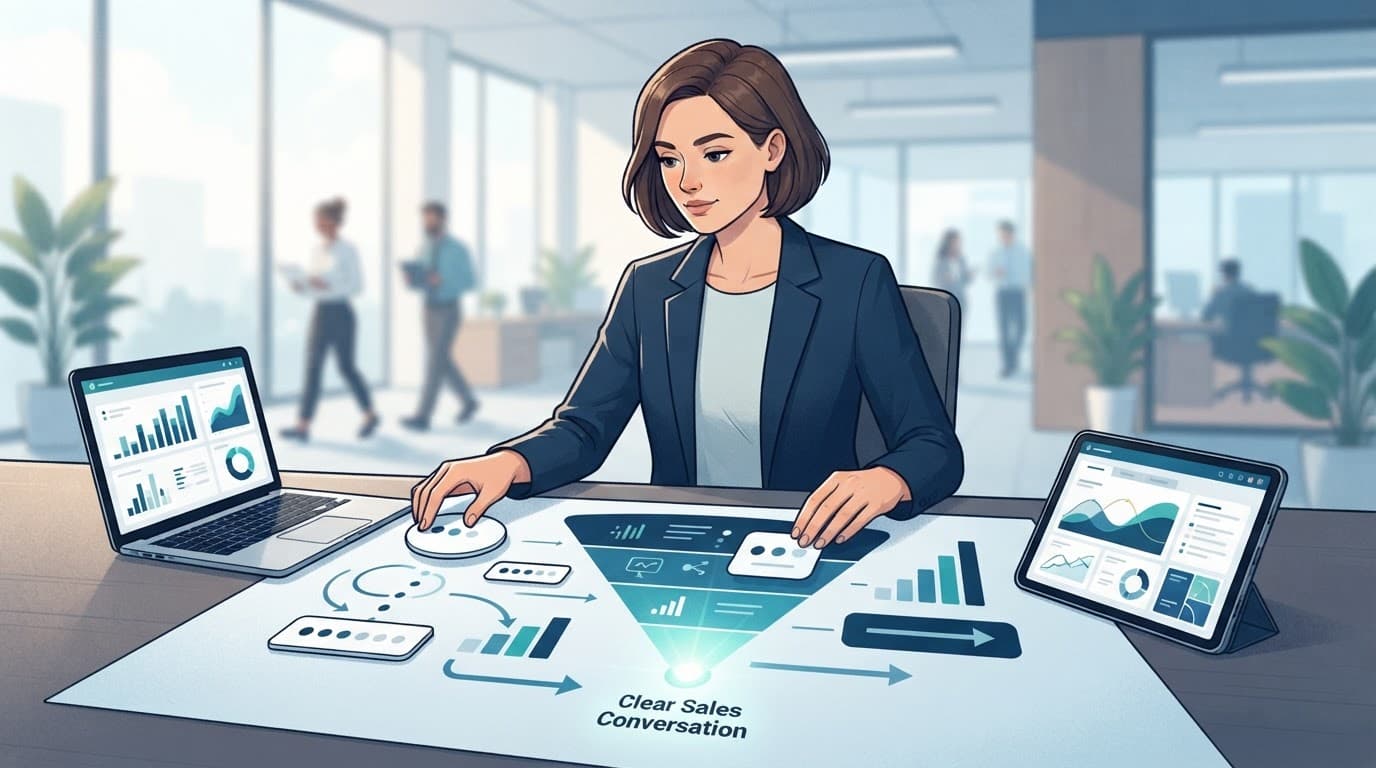 Professional reviewing abstract lead scores beside a funnel diagram on a laptop and tablet.
