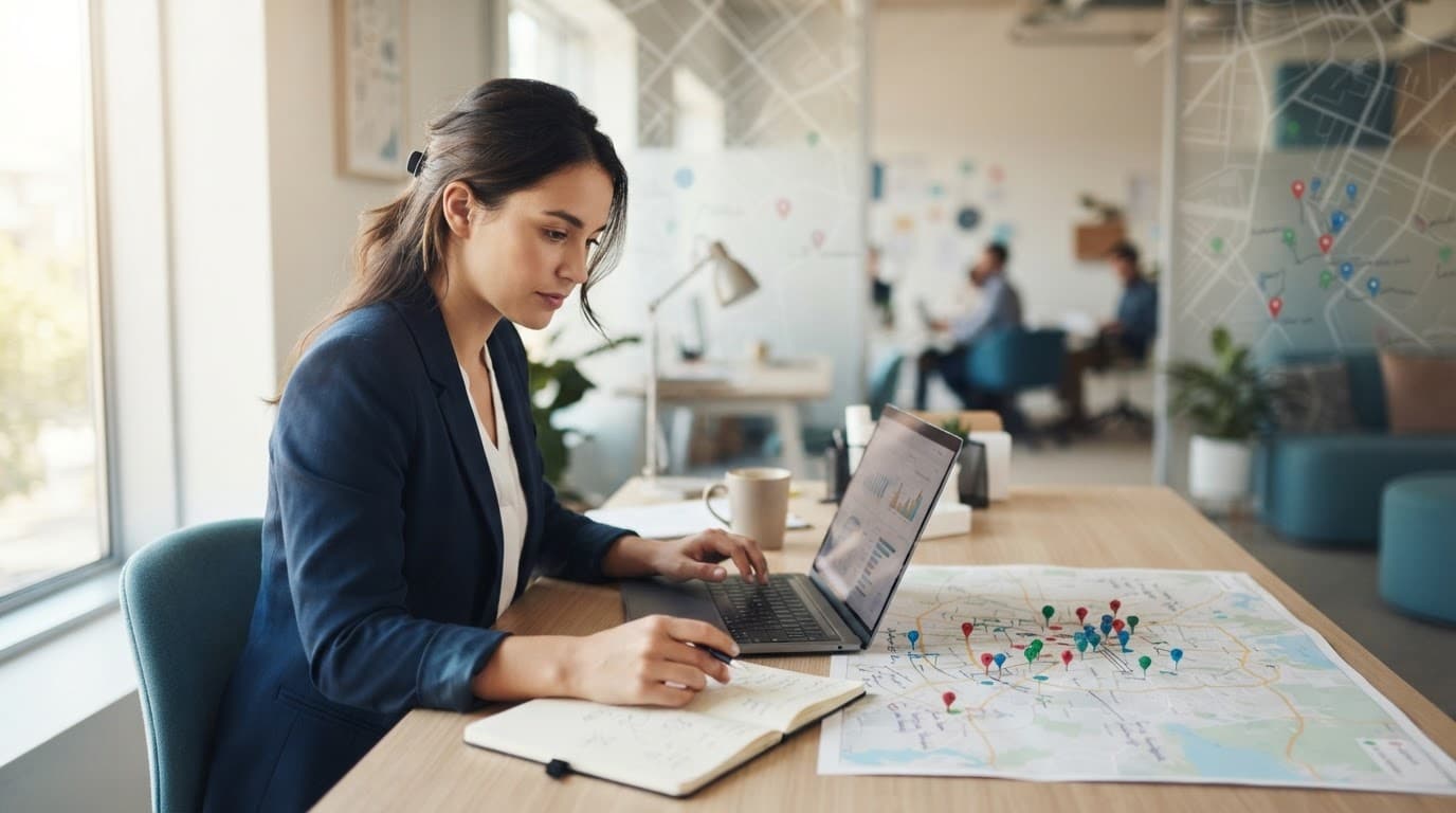 An analyst reviews a laptop beside a pinned city map, notebook, and coffee.