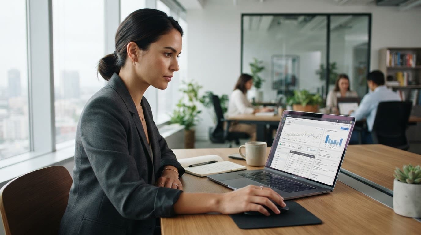 Marketer reviewing campaign data on a laptop in a bright office.