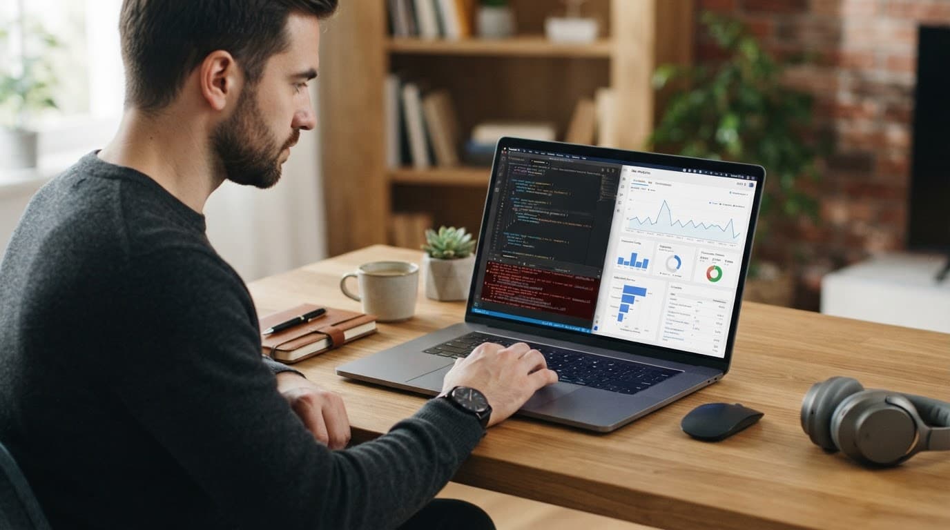 A marketer reviews analytics dashboards on a laptop at a clean wooden desk.