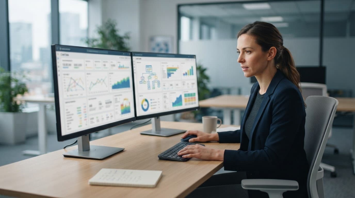 A marketer reviews website analytics on two monitors in a modern office.