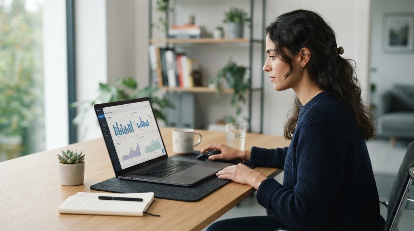 A professional reviews colorful analytics charts on a laptop at a minimalist desk.