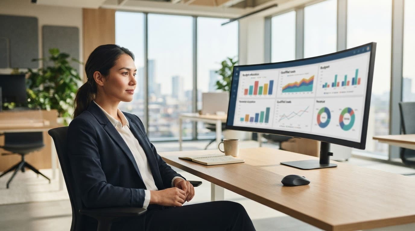 Analyst reviewing abstract budget and revenue charts on a monitor.