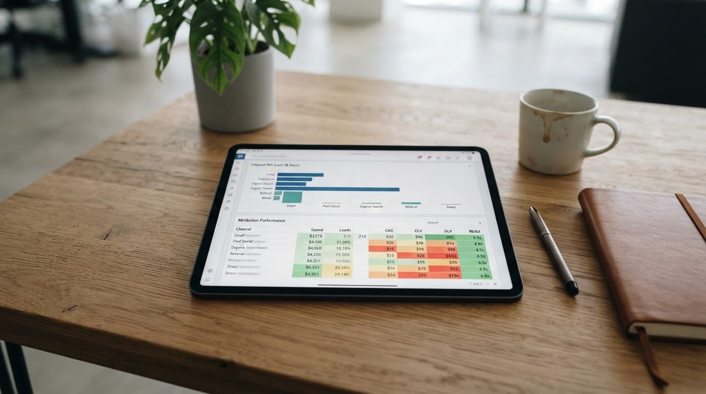 Tablet with marketing charts on a wooden office table.