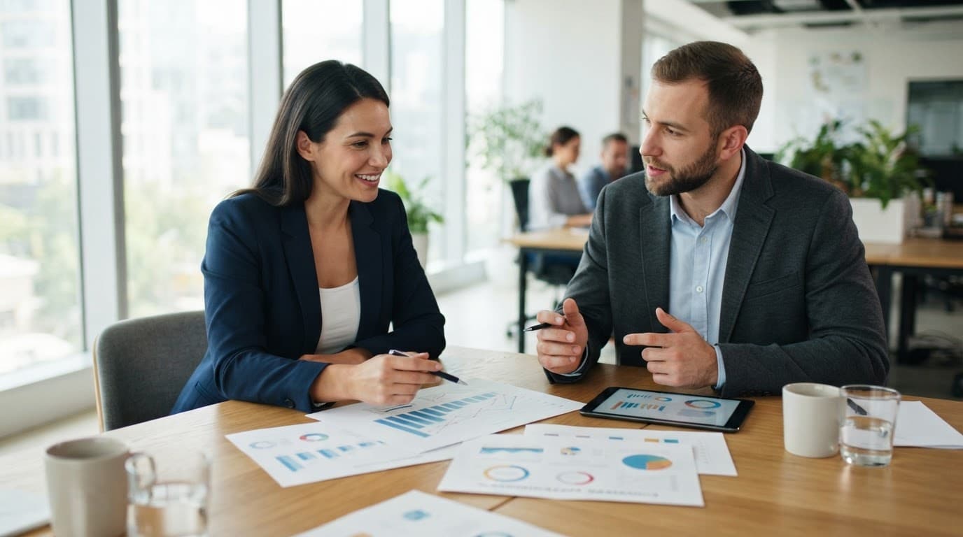 Two professionals review marketing charts at a wooden table in a bright office.