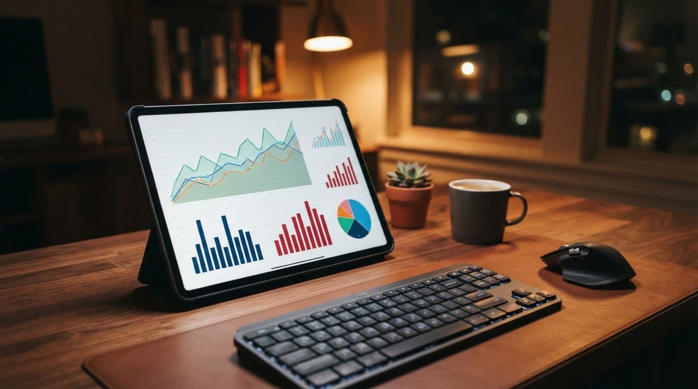 A tablet displays abstract analytics charts on a desk in warm indoor light.