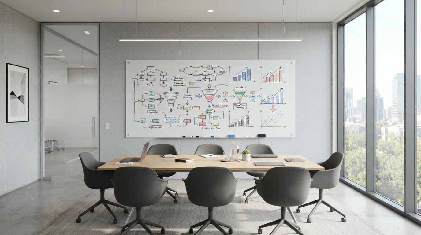 Bright meeting room with a whiteboard, workflow diagrams, conference table, and empty chairs.