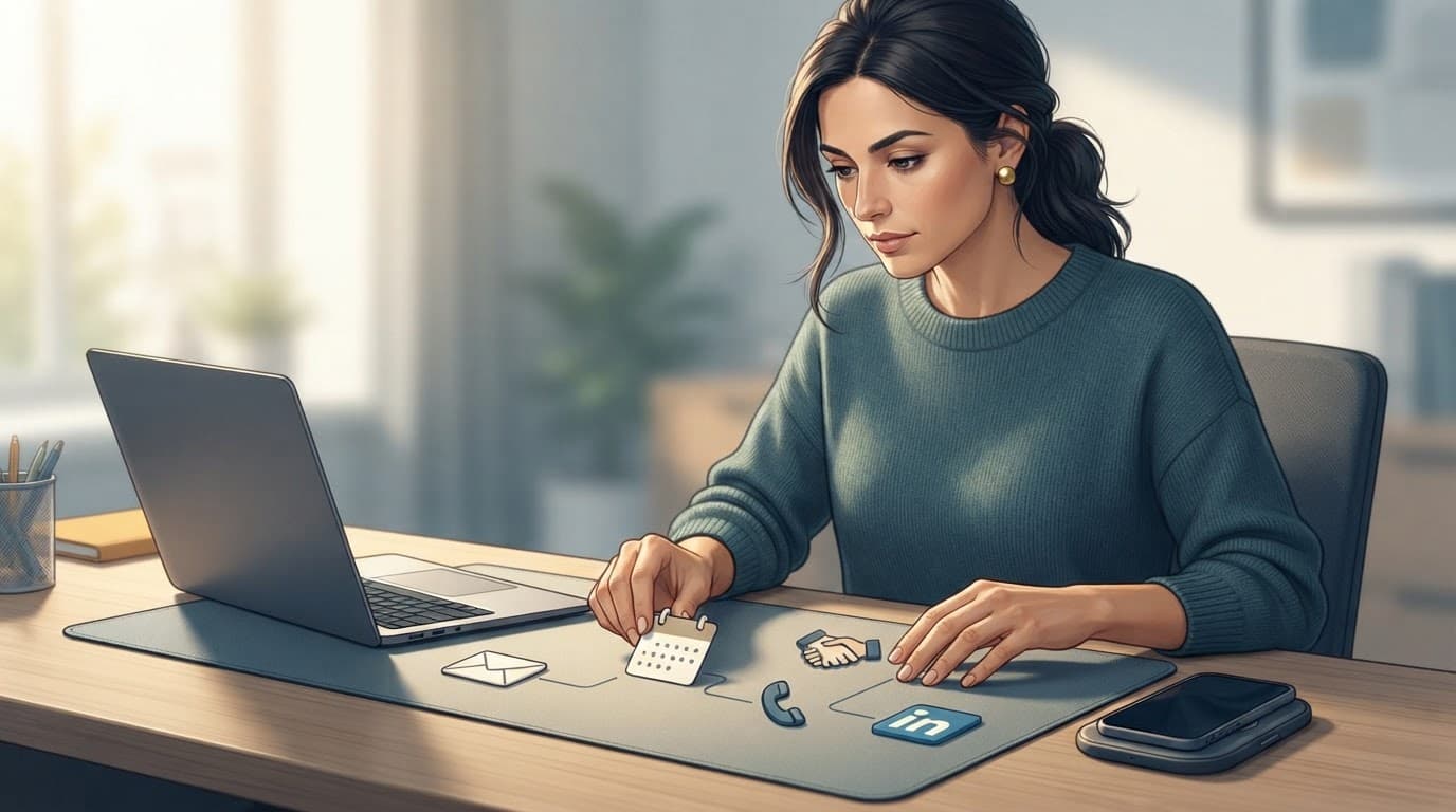 A marketing professional plans follow-up with a laptop, phone, and calendar cards.