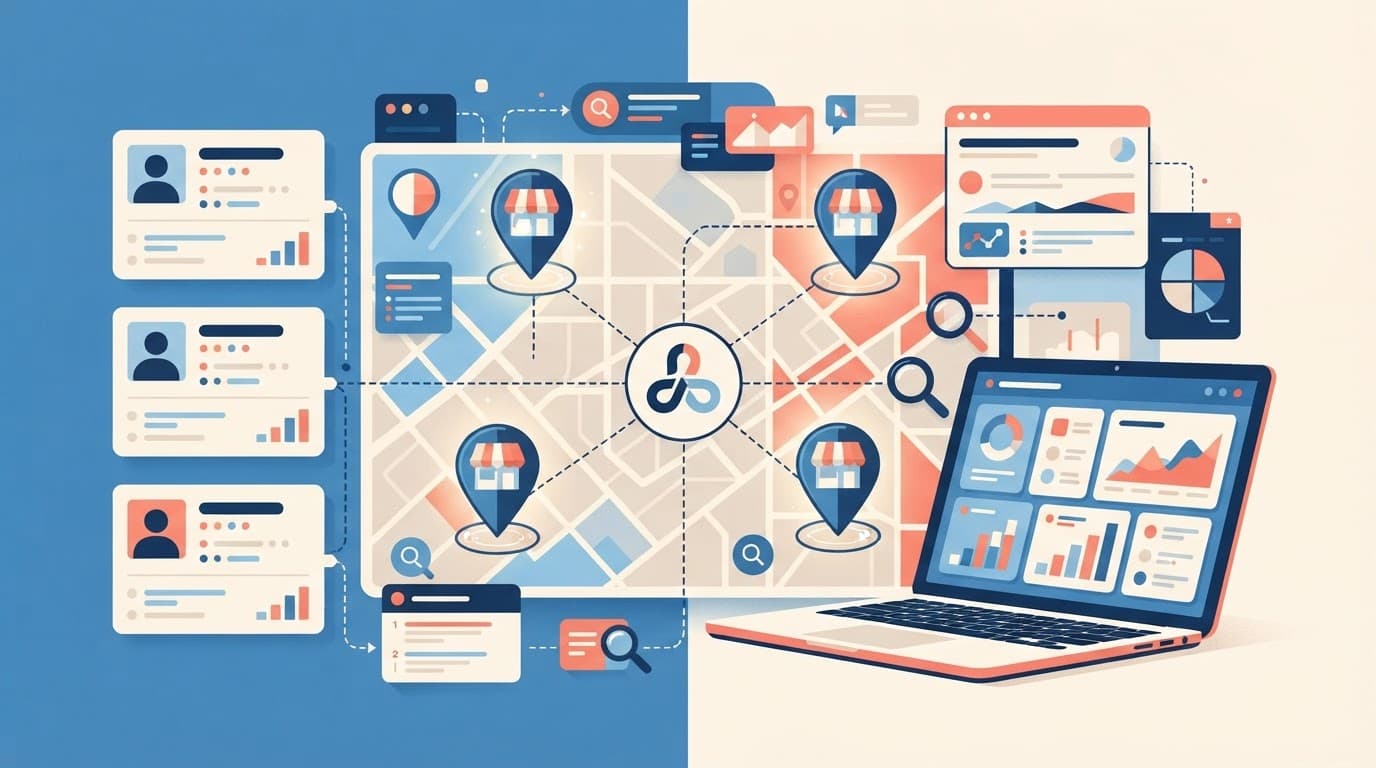 City map connecting three storefront locations with directory cards and laptop charts.