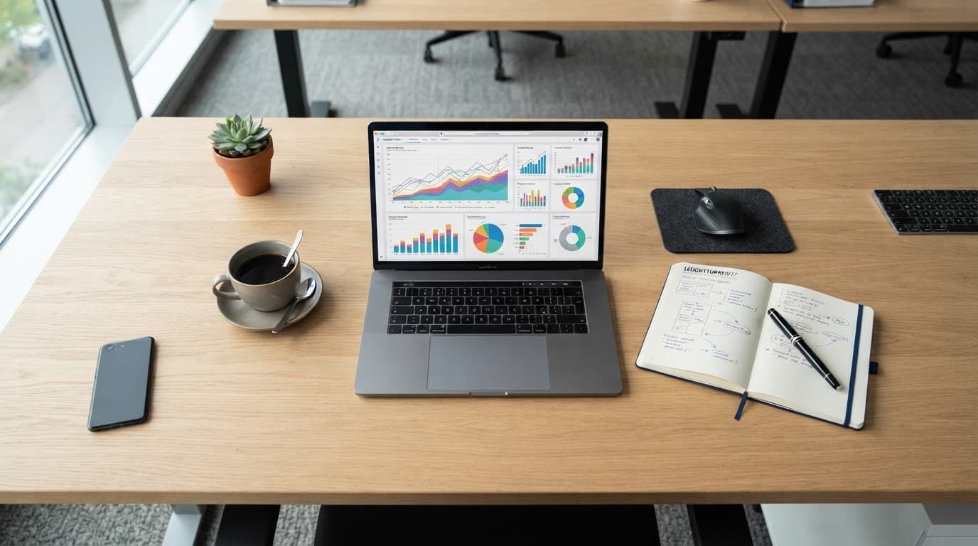Top-down view of a laptop with charts, notebook, and coffee on an office desk.