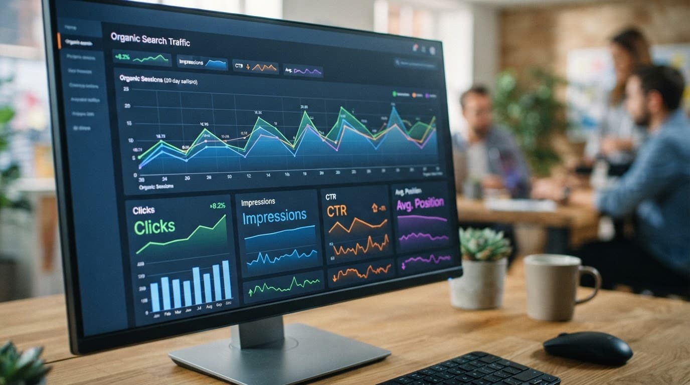 Computer monitor displaying organic traffic graphs on a modern office desk.