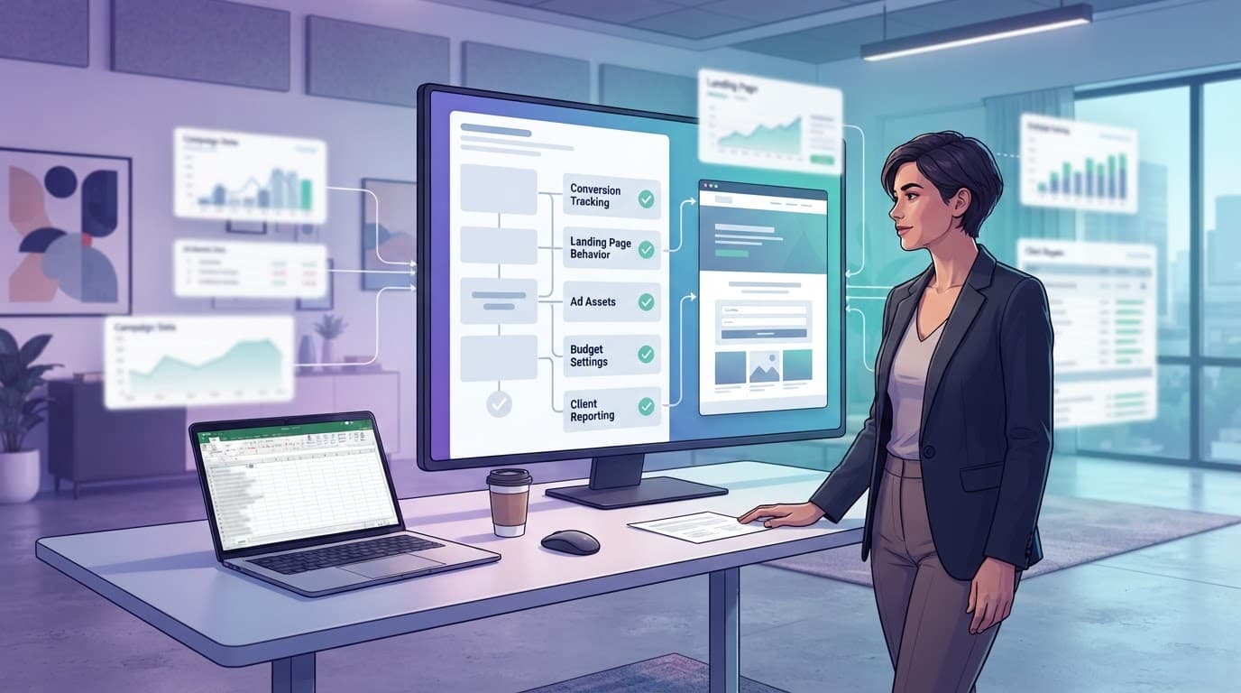 A reviewer checks blurred campaign panels beside a monitor and laptop.