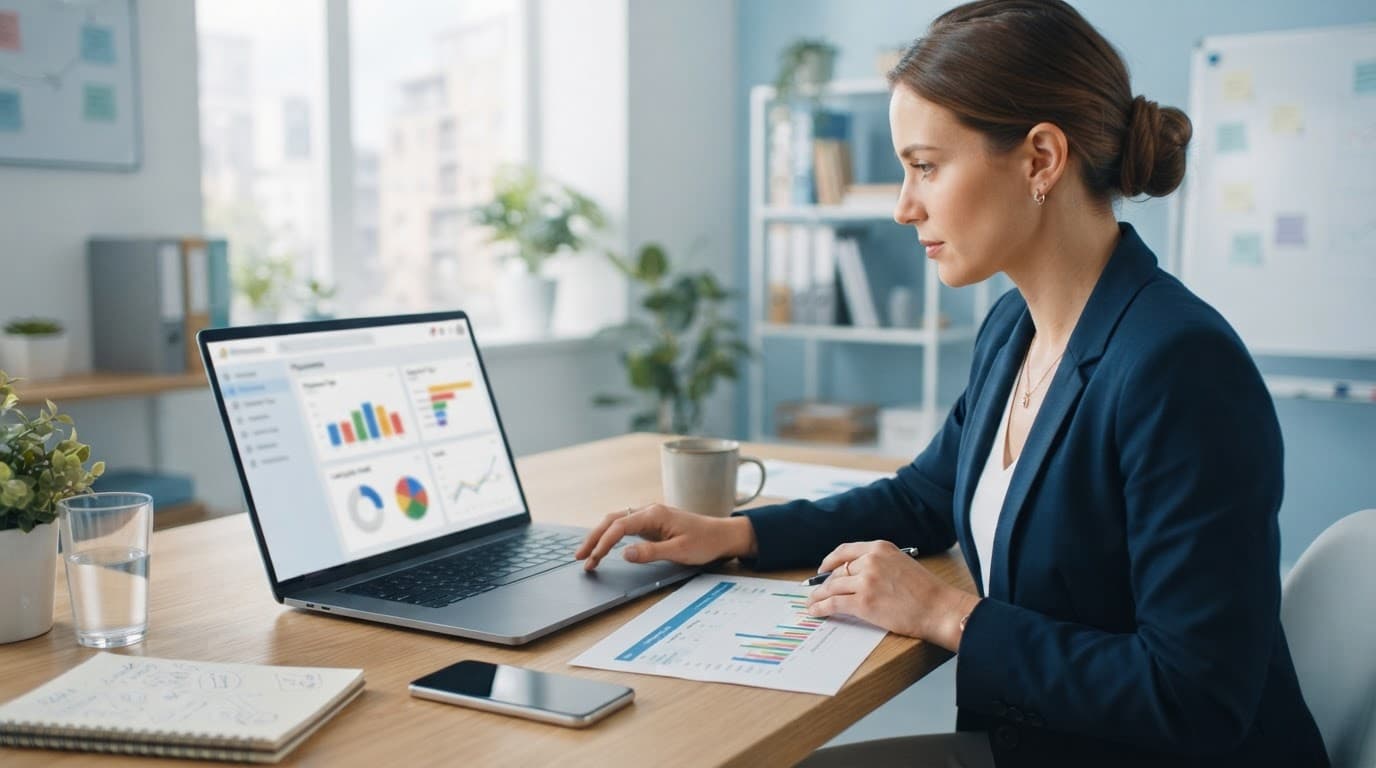 A marketer reviews blurred placement data beside a printed lead-quality chart.