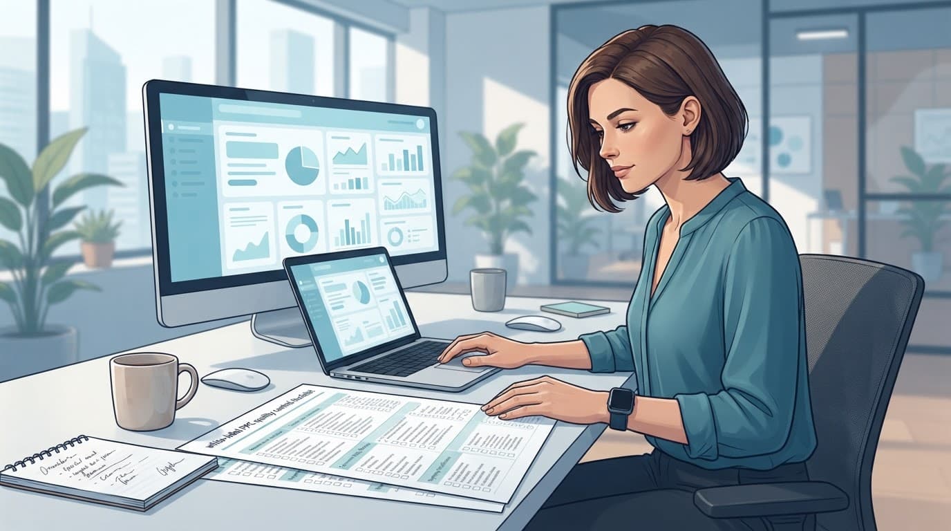 A media manager reviews PPC charts and a printed checklist at a desk.