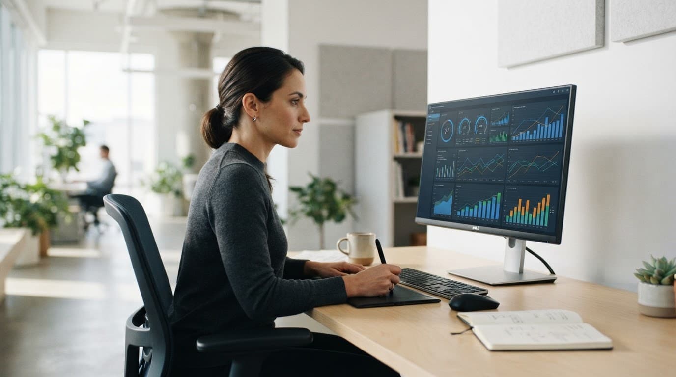 A professional reviews growth charts on a monitor in a bright minimalist office.