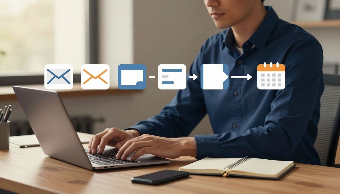 Business owner reviewing a laptop beside a notebook and phone in a modern office.