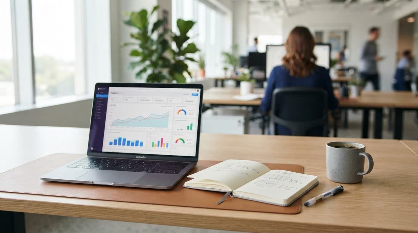 Laptop with analytics charts, notebook, and coffee on a modern office desk.
