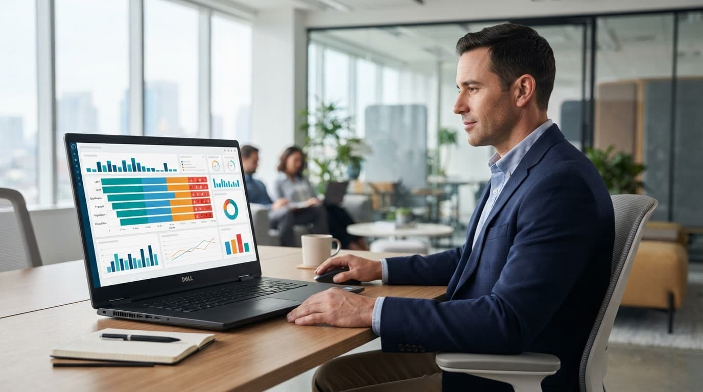 A sales manager reviews colorful pipeline charts on a laptop in a modern office.