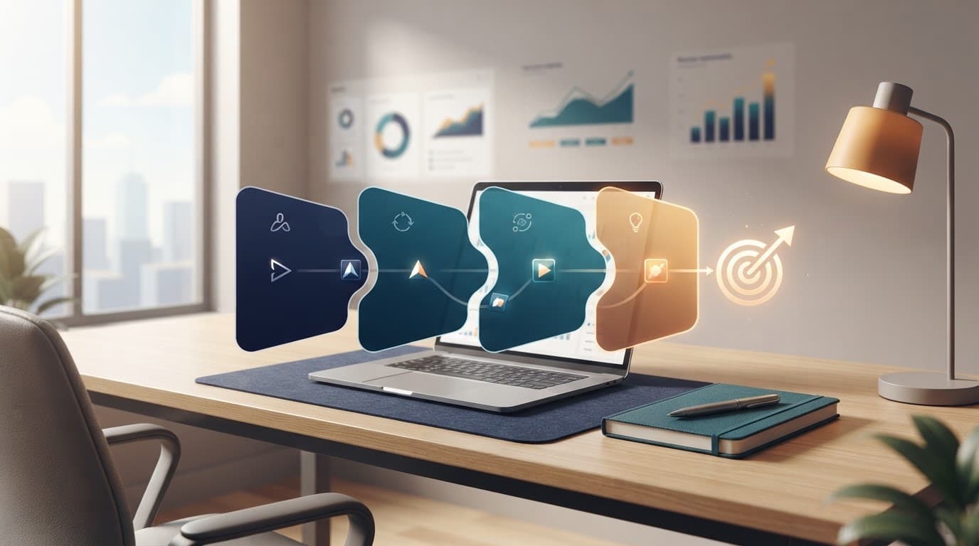Four connected columns show opportunities moving toward a revenue target beside a laptop and notebook.