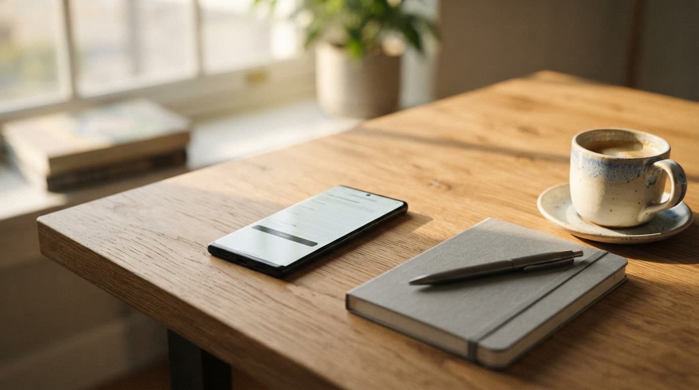 A smartphone beside a notebook and coffee cup on a wooden desk.