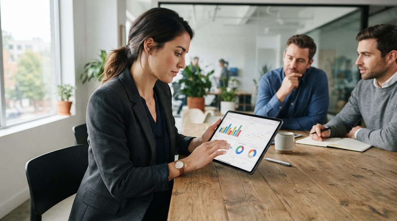 Professional reviewing analytics charts on a tablet at a wooden meeting table.