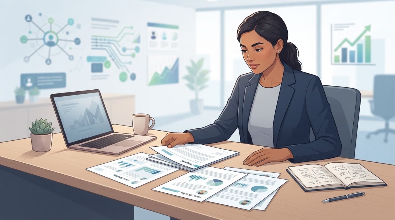 An account manager reviews proposal pages beside a laptop in a bright office.