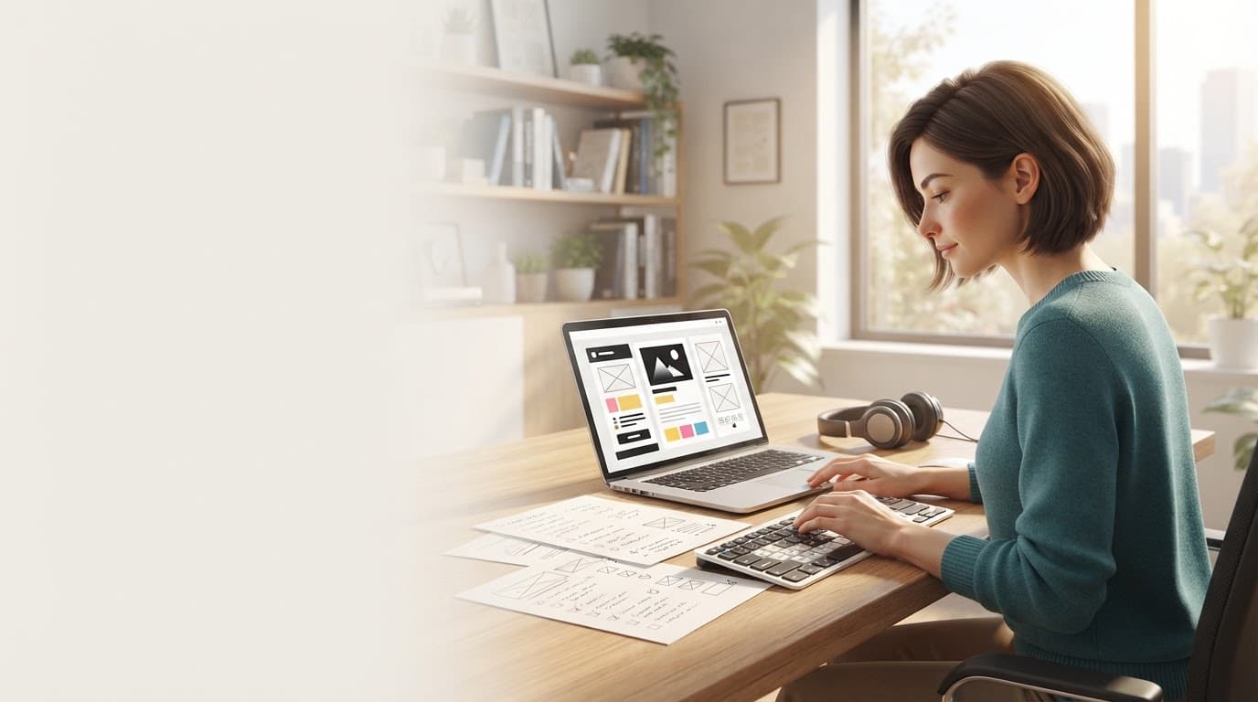 A UX specialist reviews audit notes and a laptop in a bright office.
