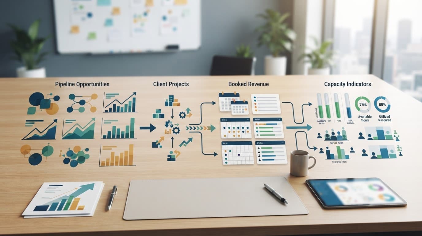 Desk display linking sales opportunities with scheduled projects and available service capacity.
