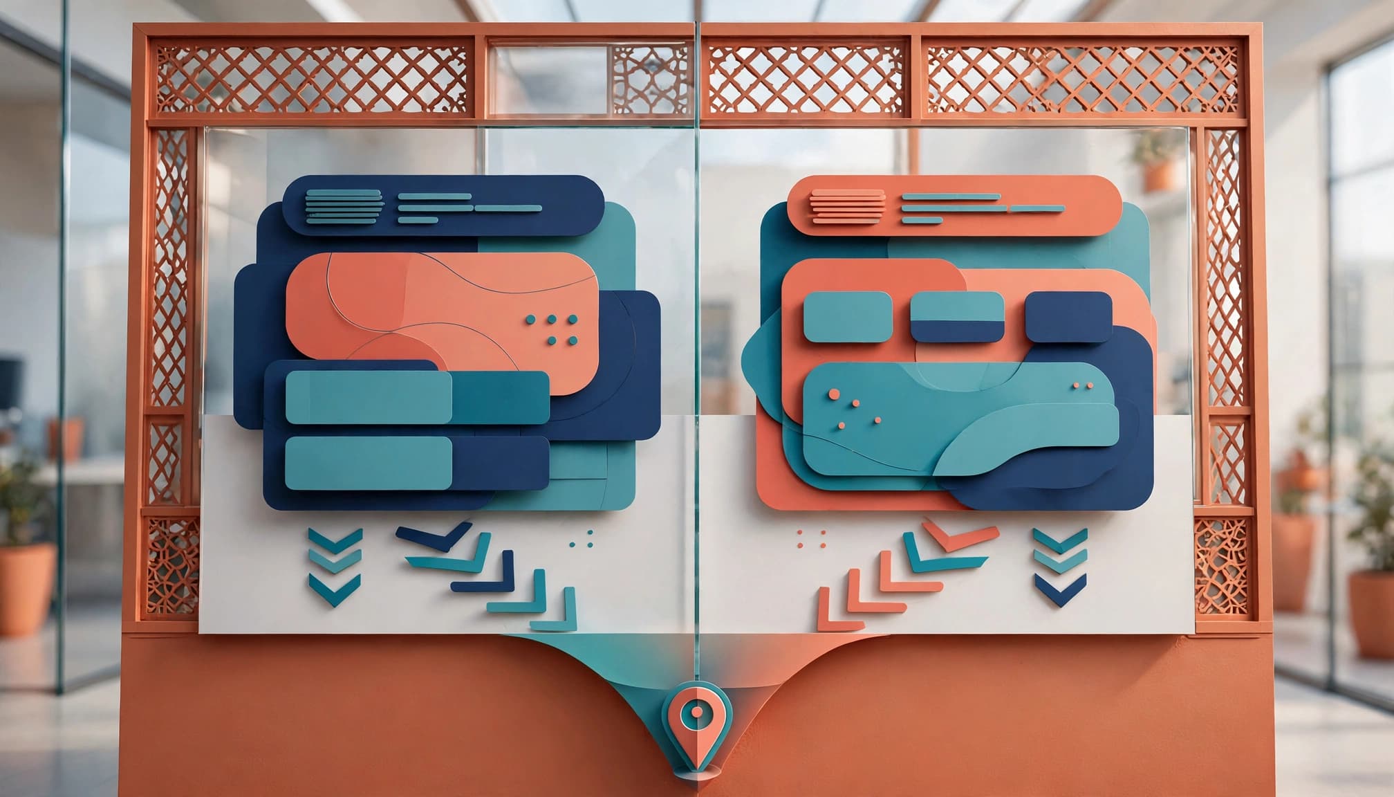 Two landing page variants connect through a funnel to one lead icon.