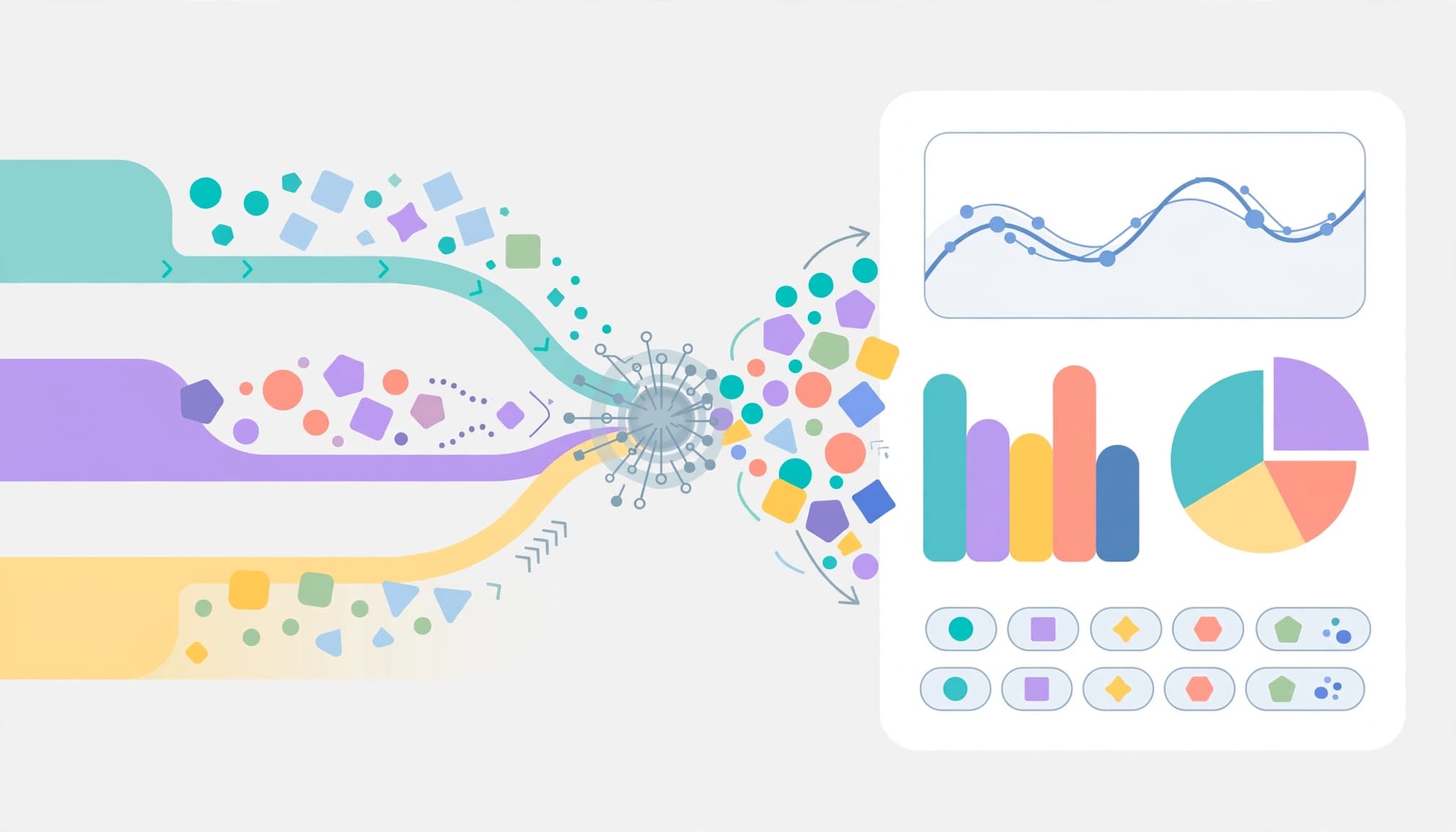 Abstract data tokens and channel symbols flow into a compact analytics report.