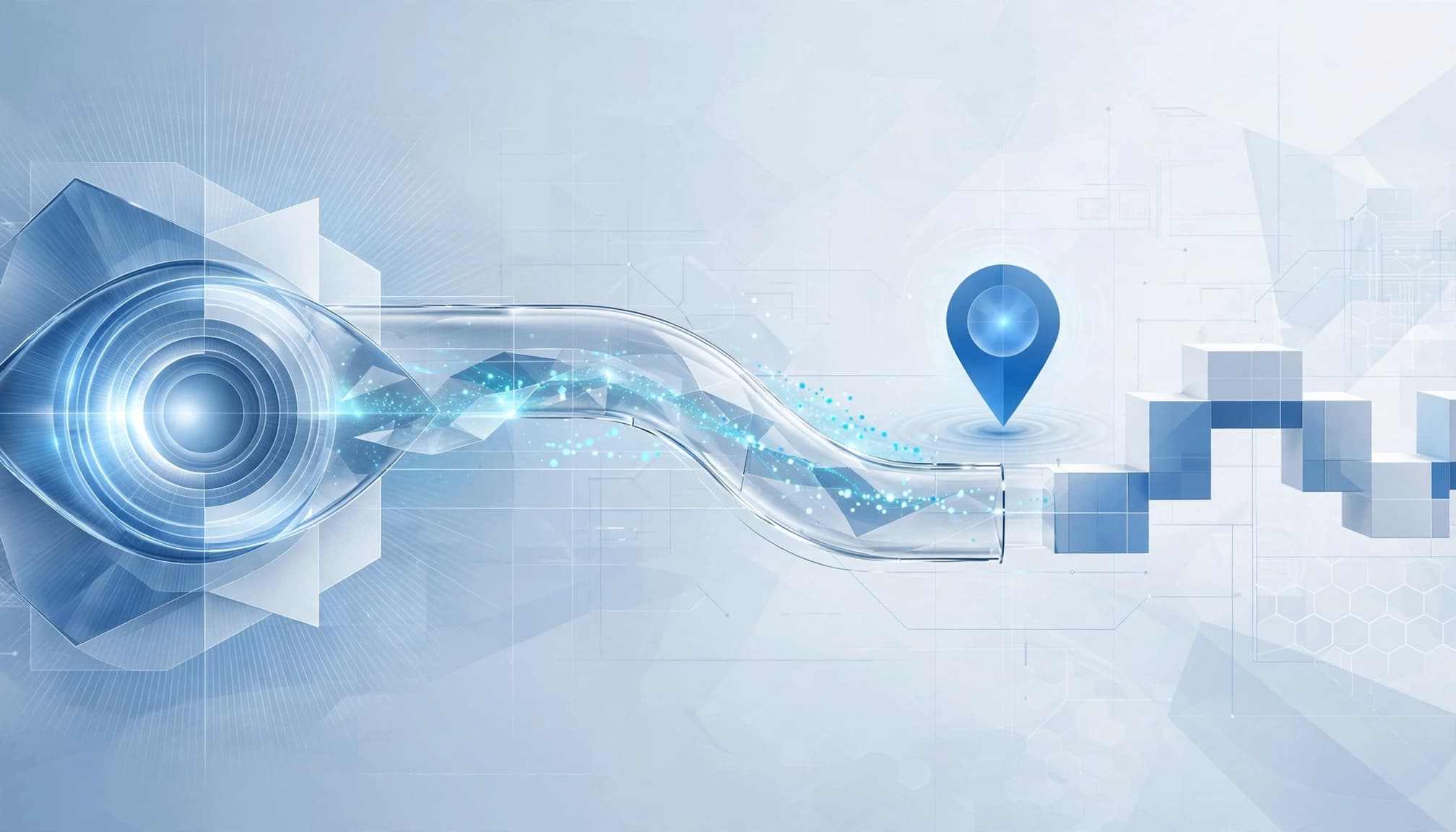 Abstract ad impression flowing through a blue attribution path toward one qualified lead marker.