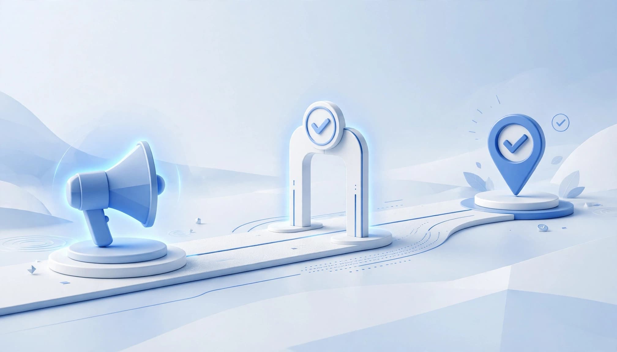 A blue path leads from an ad impression through measurement to a verified lead marker.