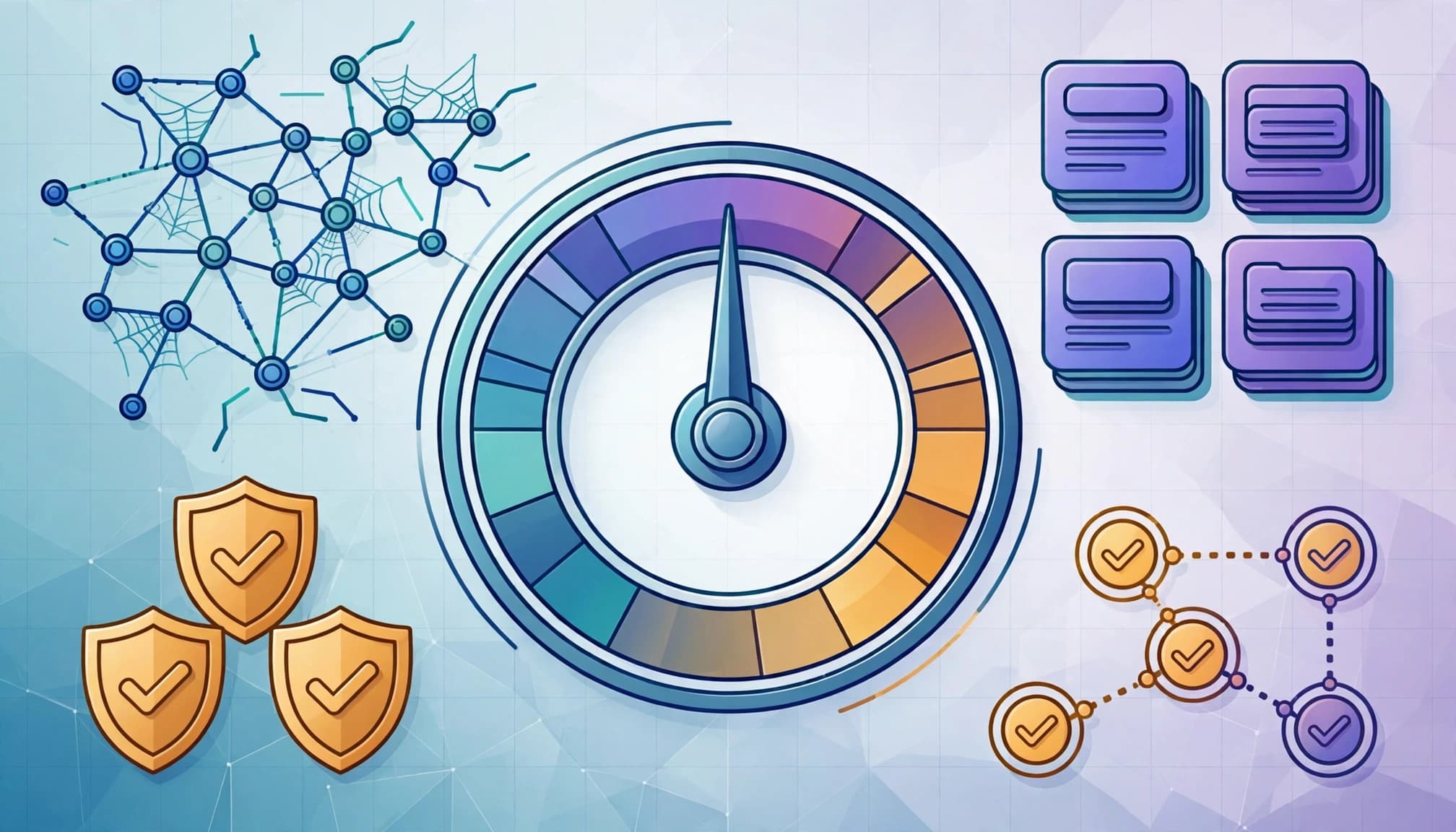 A balanced gauge surrounded by crawl paths, webpage cards, and policy symbols.