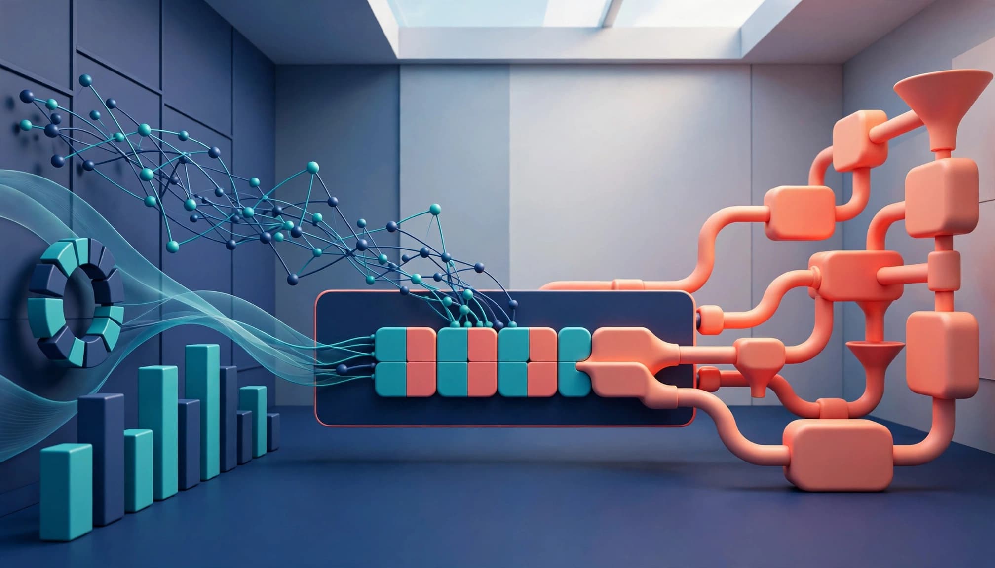 Analytics and CRM pipelines meet as matching lead records align at a central table.