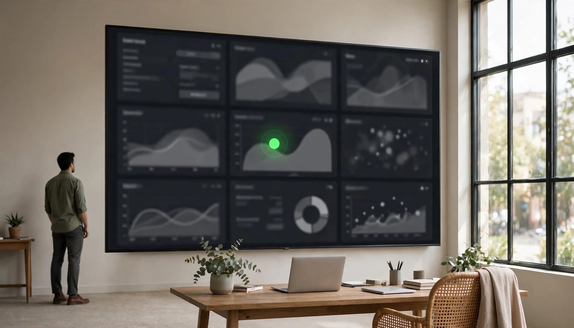 A business owner stands near a dashboard with one lead event marked by a green dot.