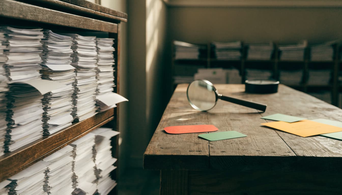 Blank files and highlighted account markers sit beside a magnifying glass and clock.