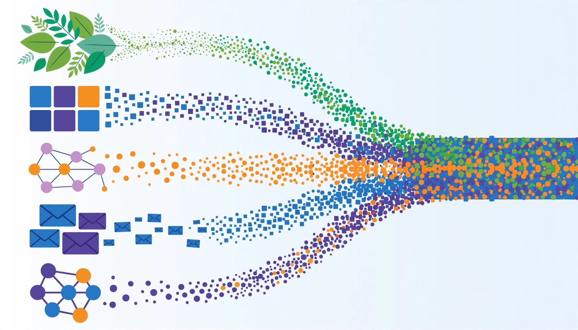 Five colorful acquisition streams merge into one shared B2B lead pipeline.