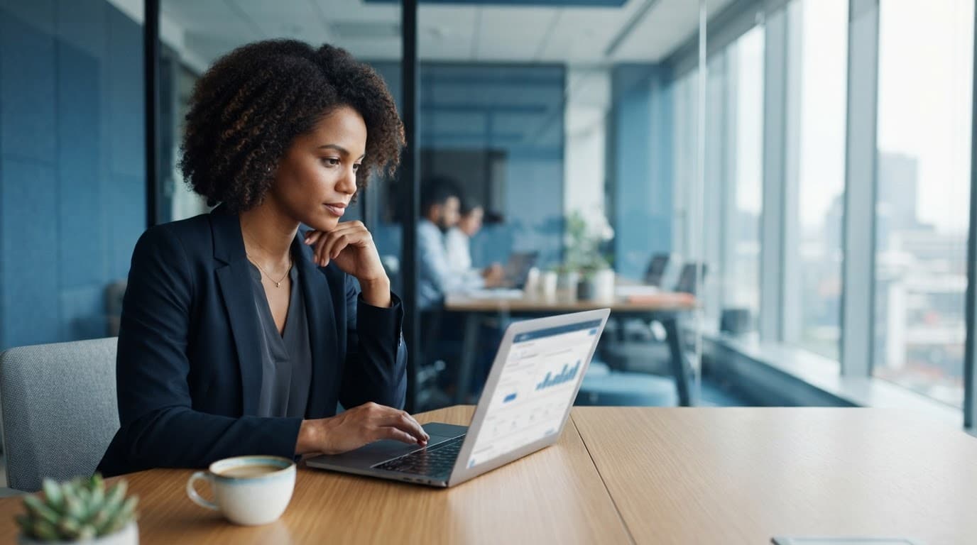 A B2B marketer reviews a campaign on a laptop in a modern office.