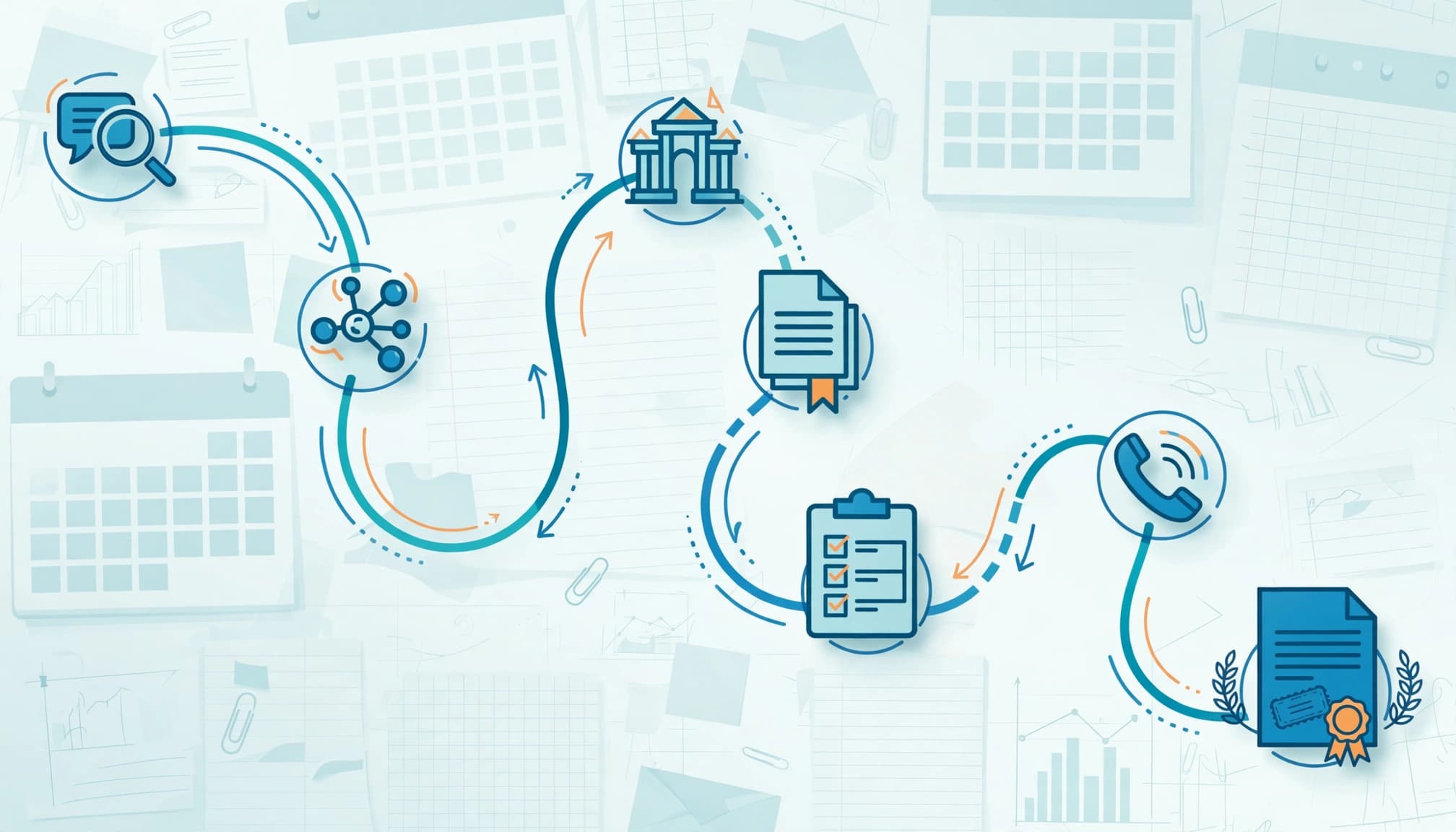 A winding route connects B2B sales touchpoints and ends with a contract icon.