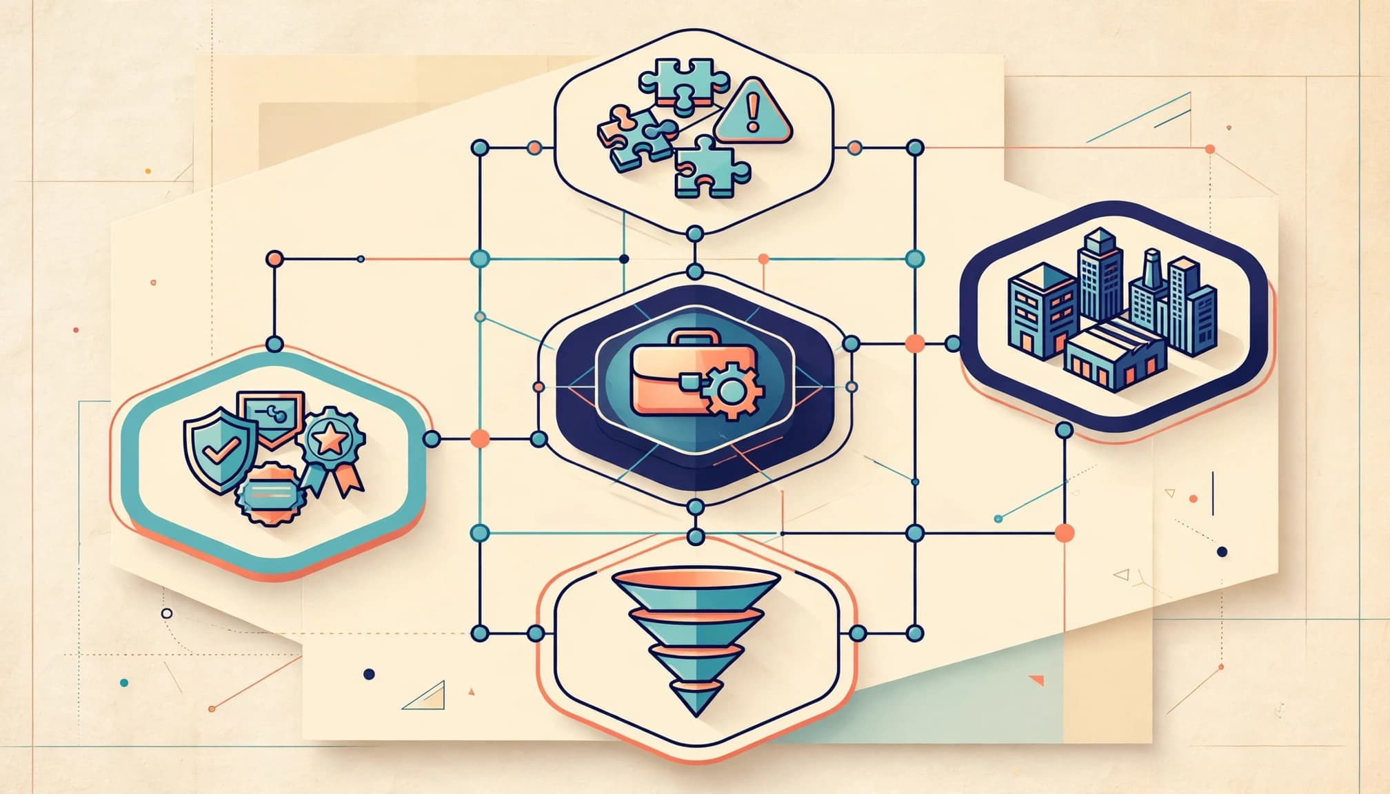 A central service hub connects to organized nodes on a polished strategy board.