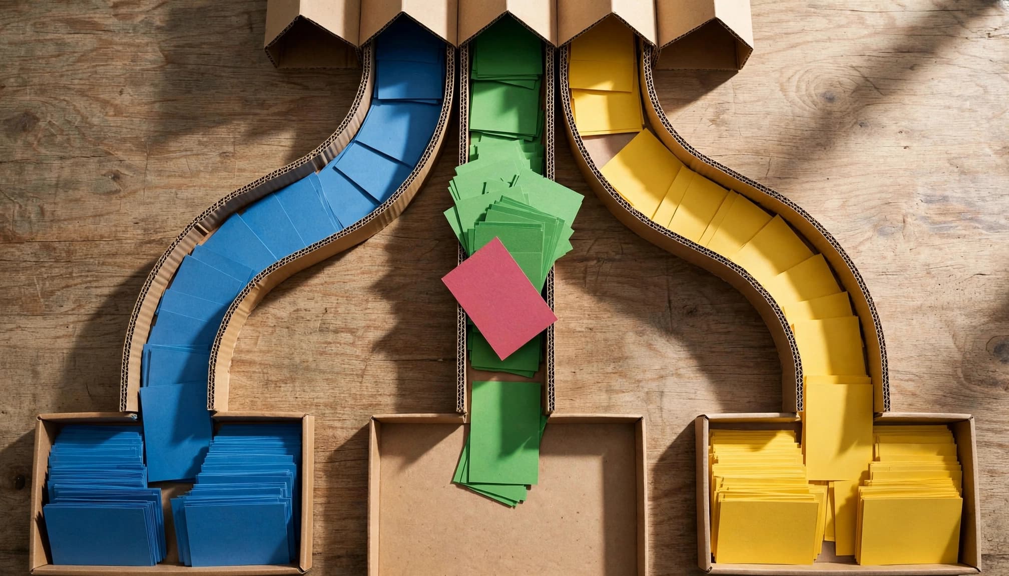 Colored cards move toward three trays, with one route blocked.