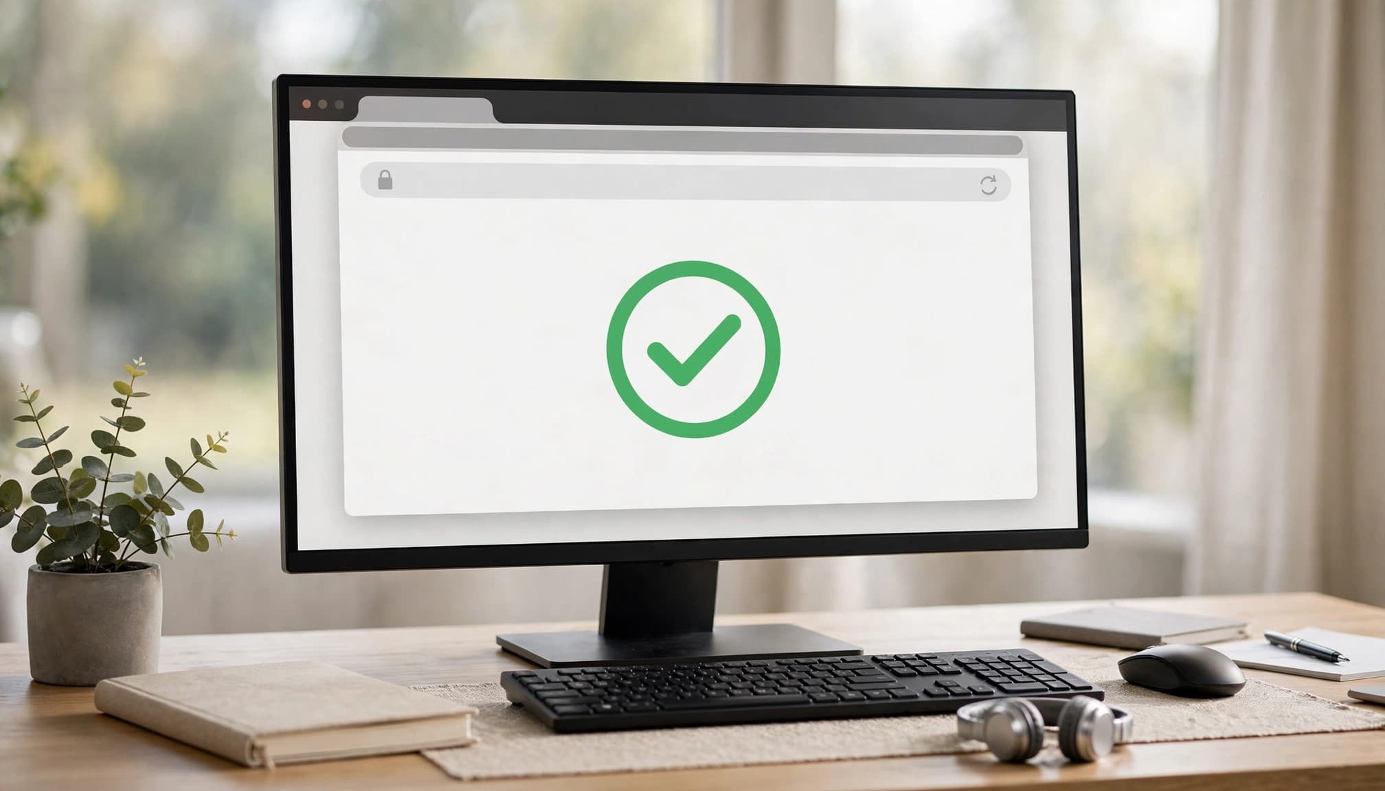 A monitor shows an abstract browser window with a green check icon on a tidy desk.