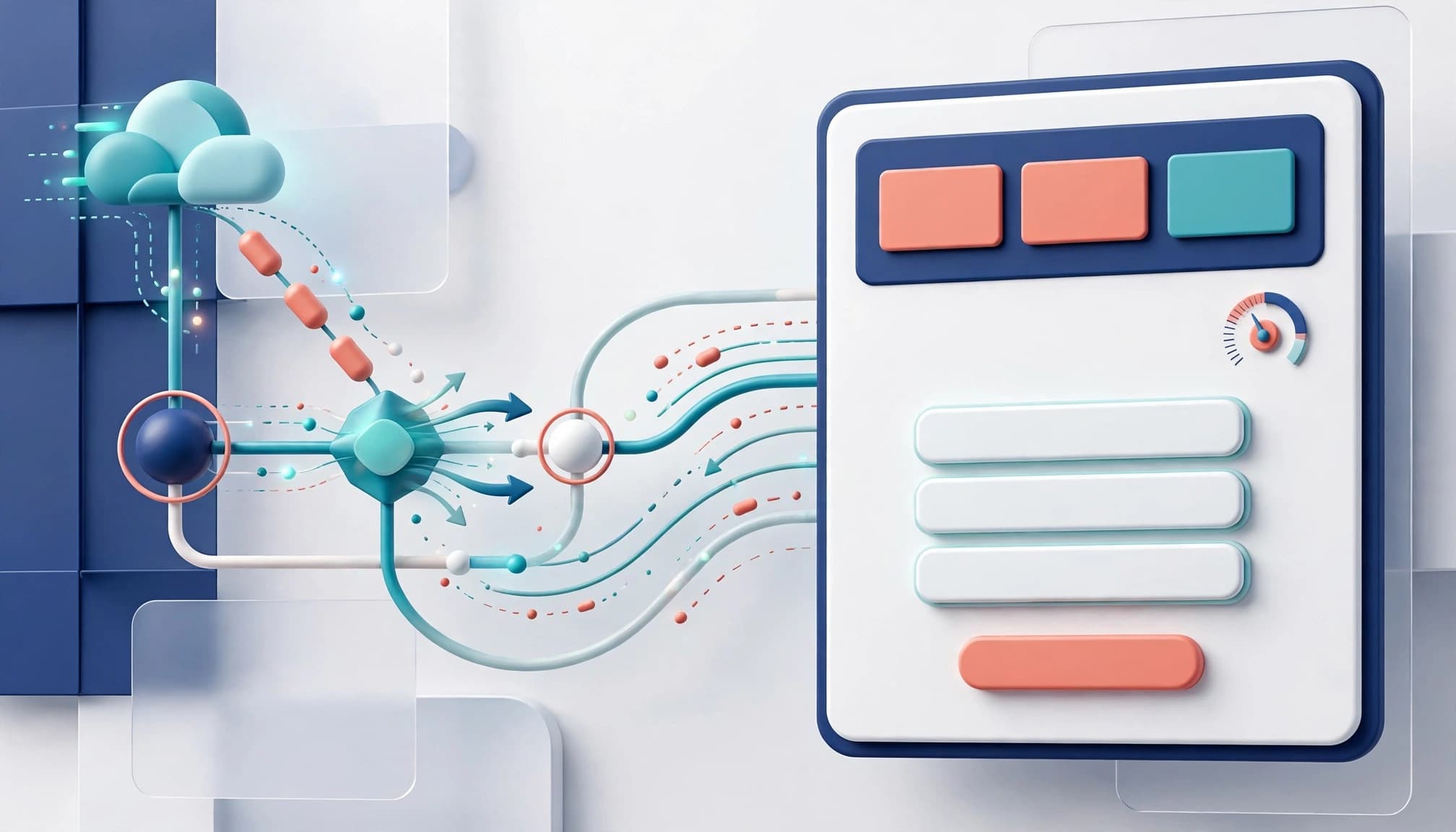 A page panel, request flow, and performance gauge in a bright abstract web studio.