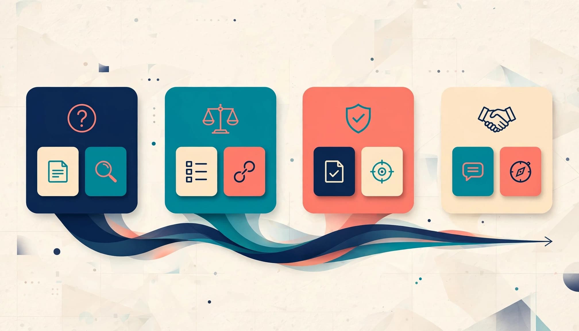 A four-stage B2B buyer journey flows across a strategy table with connected cards and icons.
