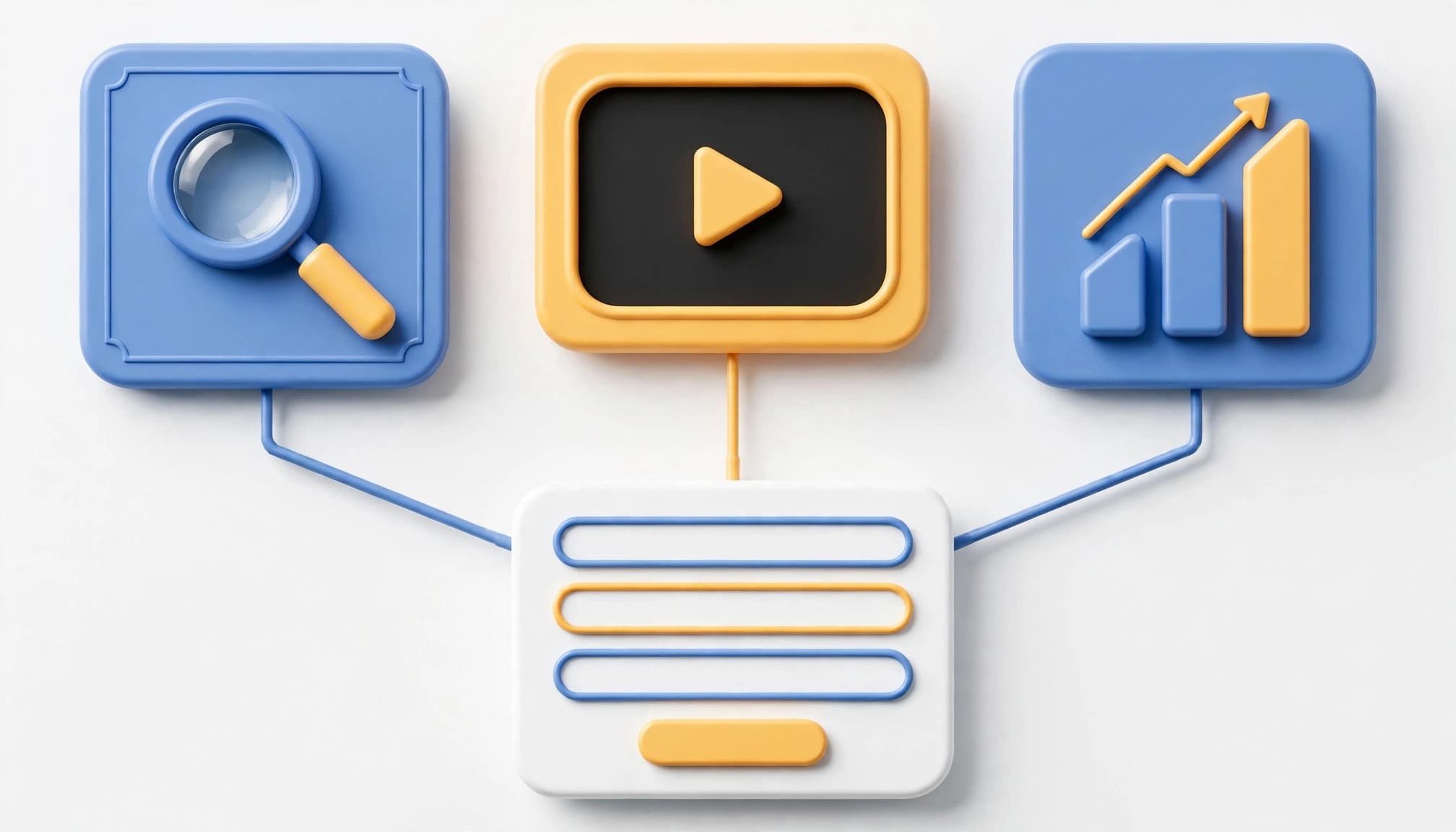 Three colored panels connect to a central lead form card.