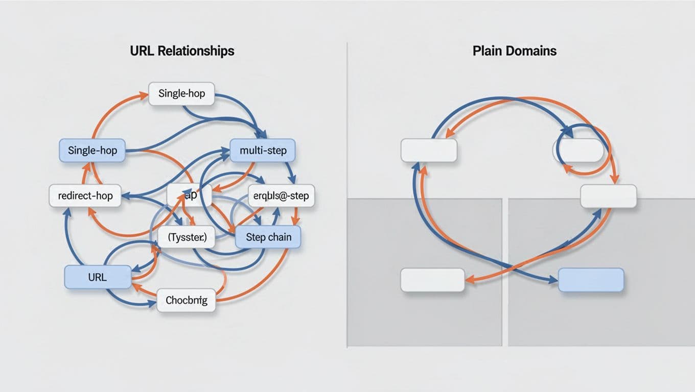 Four visual paths show a clean redirect, chain, loop, and cross-domain canonical.