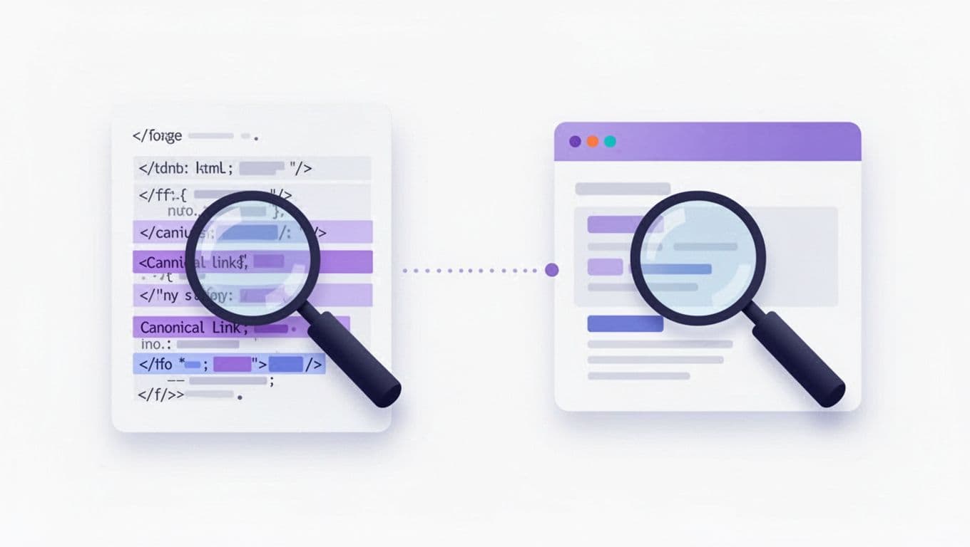 Magnifying glass over HTML source and a browser page during a canonical tag audit.